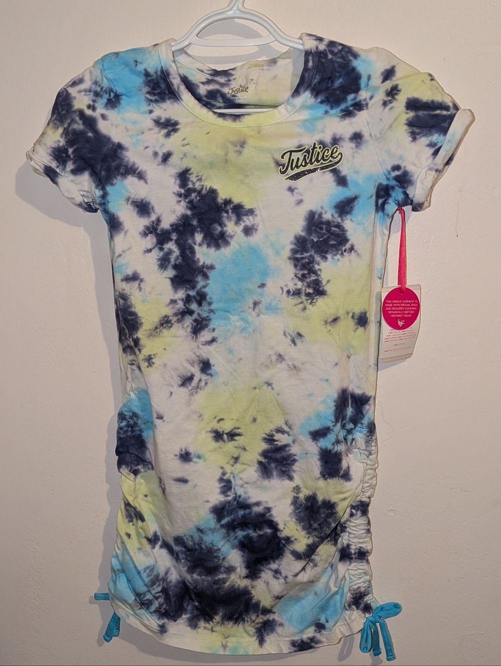 Justice Tie-Dye Side-Ruched Tee Dress in Blue, Lime & Navy Girls Size 12/14